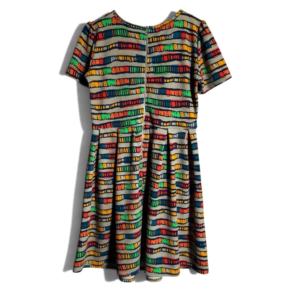 LuLaRoe Amelia Dress L Gray Multicolor Geometric Fit Flare Pleated Pockets Retro - Picture 12 of 13